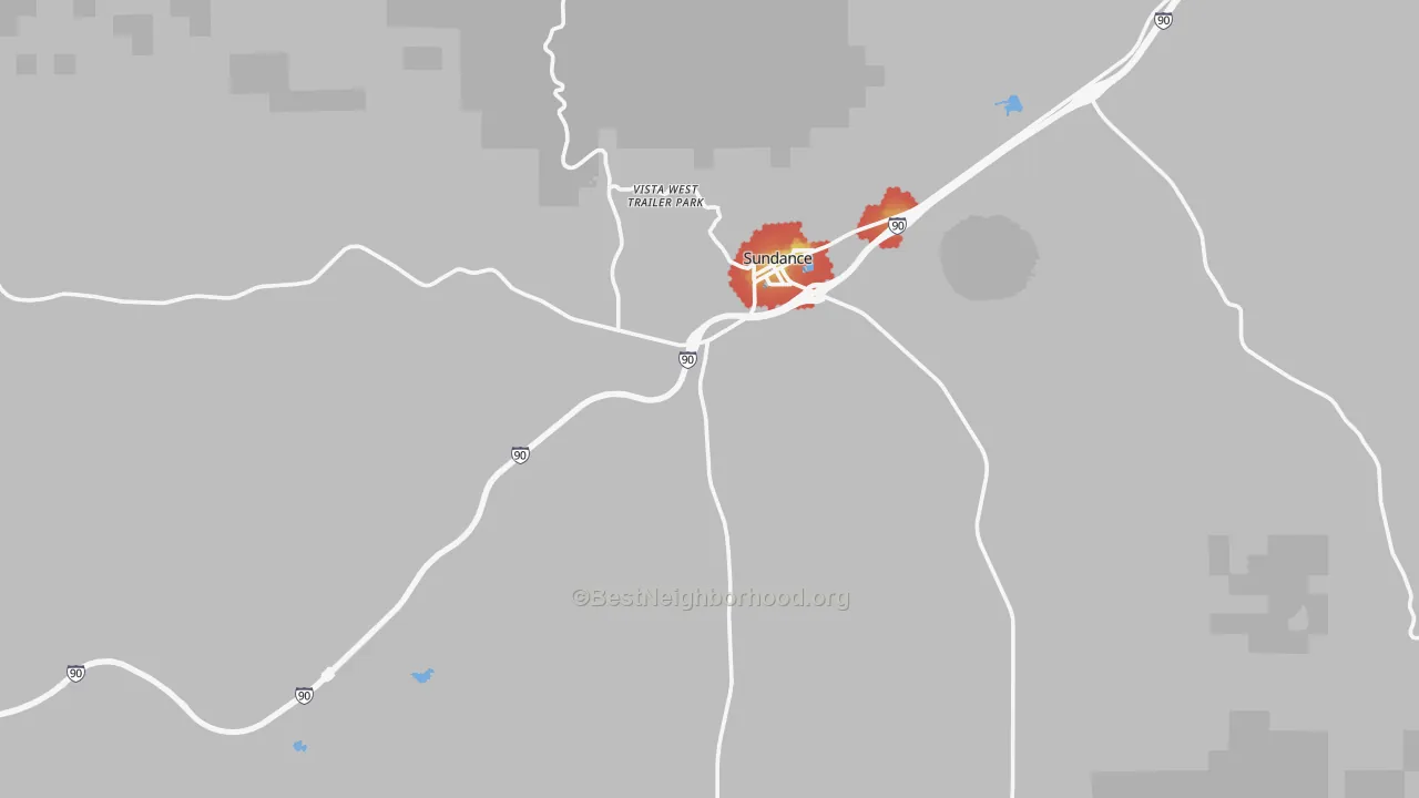 Walk Grade map of Sundance, WY, walkable areas in green and car-dependent areas in red