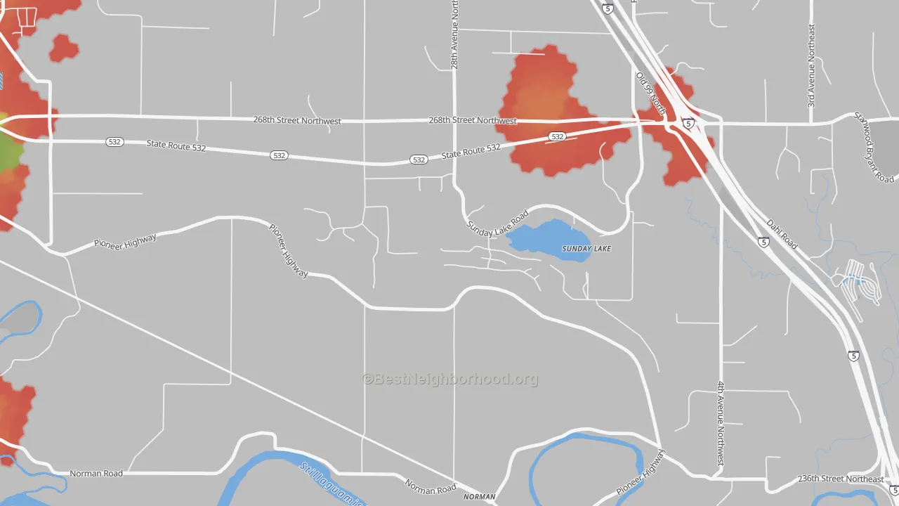 Walk Grade map of Sunday Lake, WA, walkable areas in green and car-dependent areas in red
