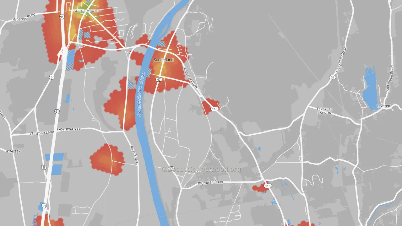 Walk Grade map of Sunderland, MA, walkable areas in green and car-dependent areas in red