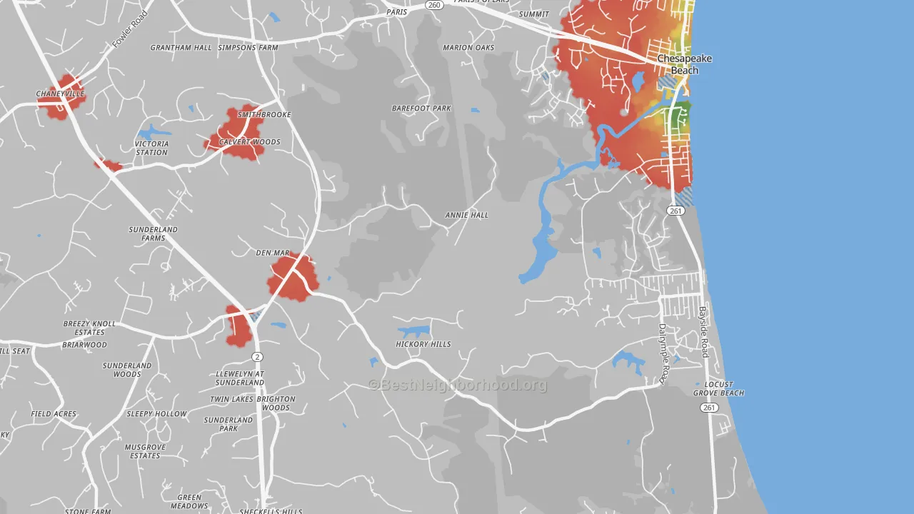 Walk Grade map of Sunderland, MD, walkable areas in green and car-dependent areas in red