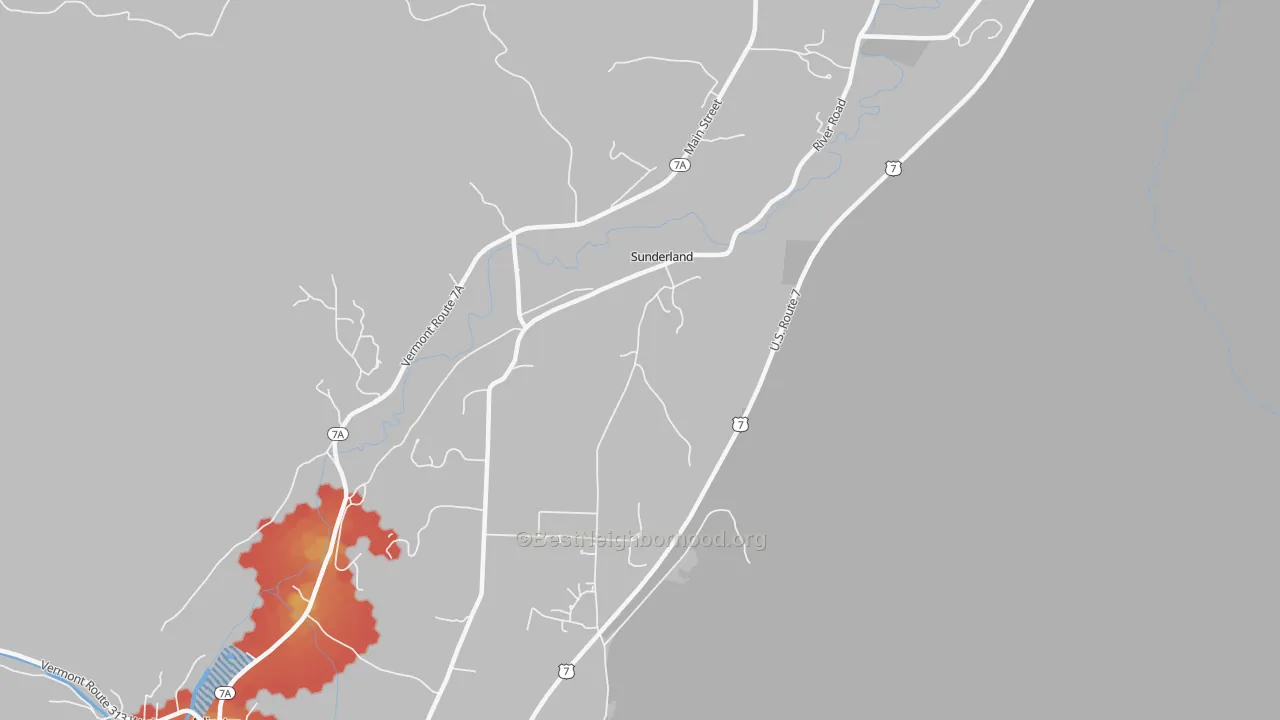 Walk Grade map of Sunderland, VT, walkable areas in green and car-dependent areas in red