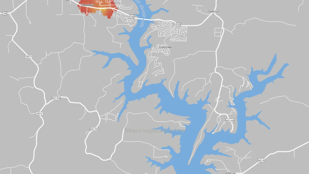 Walk Grade map of Sundown, MO, walkable areas in green and car-dependent areas in red