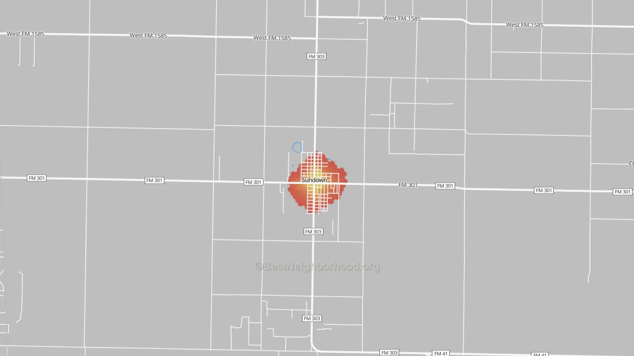 Walk Grade map of Sundown, TX, walkable areas in green and car-dependent areas in red