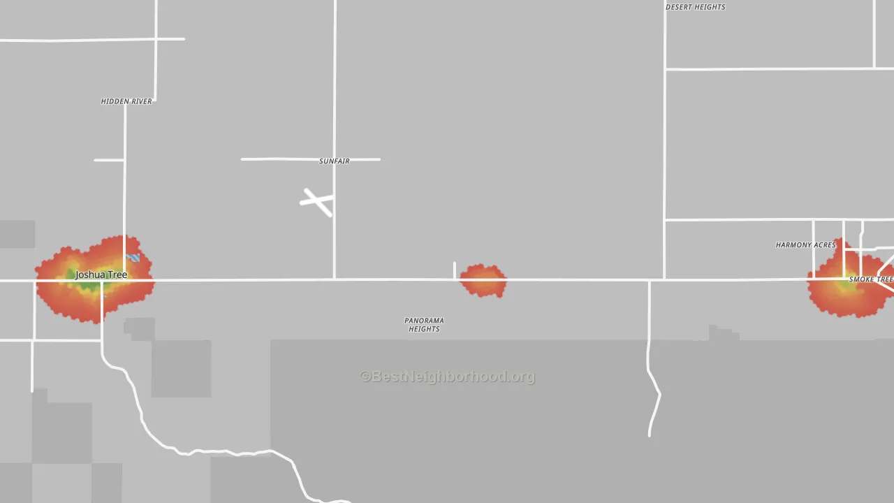 Walk Grade map of Sunfair, CA, walkable areas in green and car-dependent areas in red