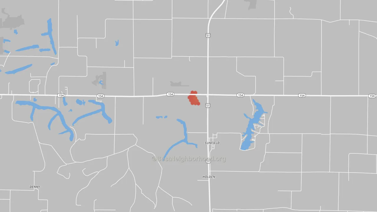 Walk Grade map of Sunfield, IL, walkable areas in green and car-dependent areas in red