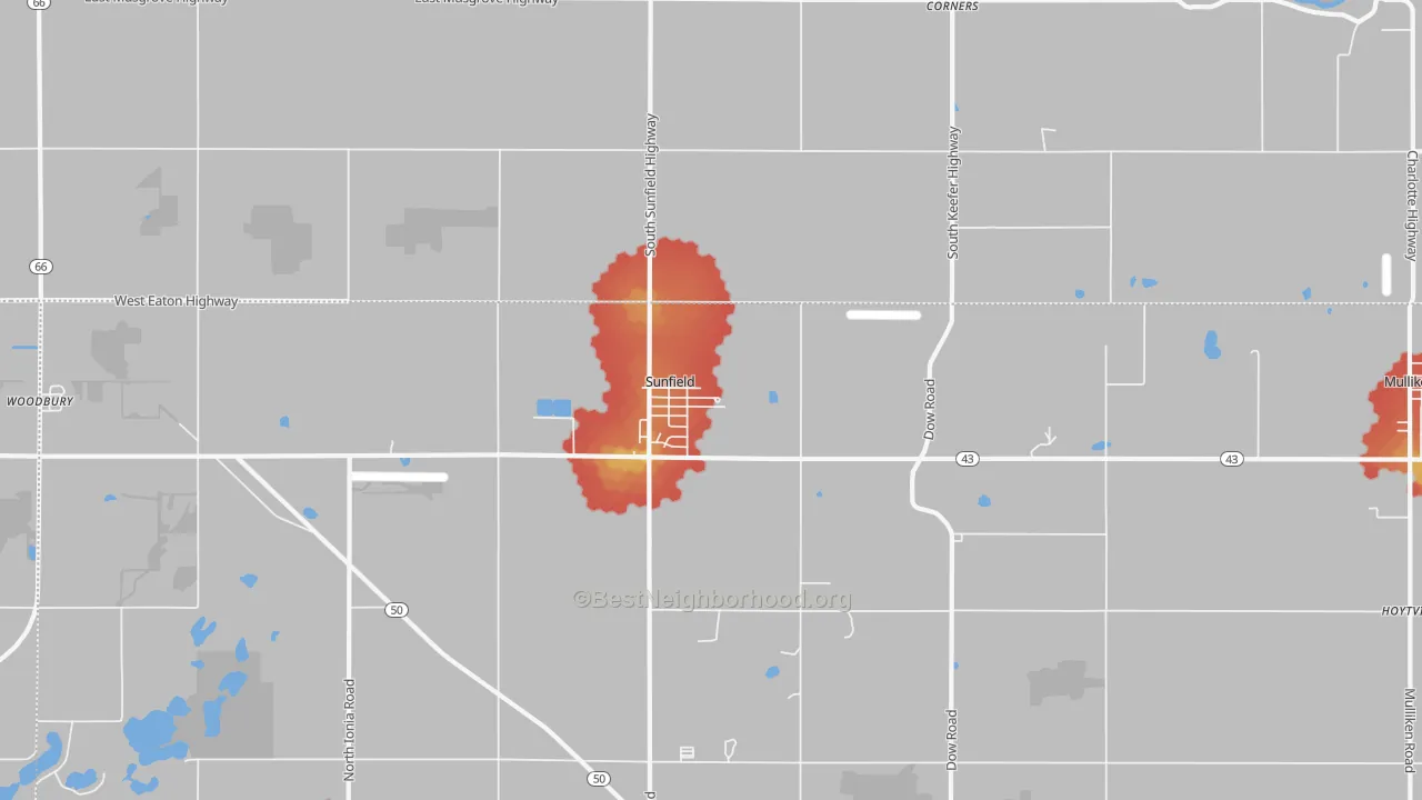 Walk Grade map of Sunfield, MI, walkable areas in green and car-dependent areas in red