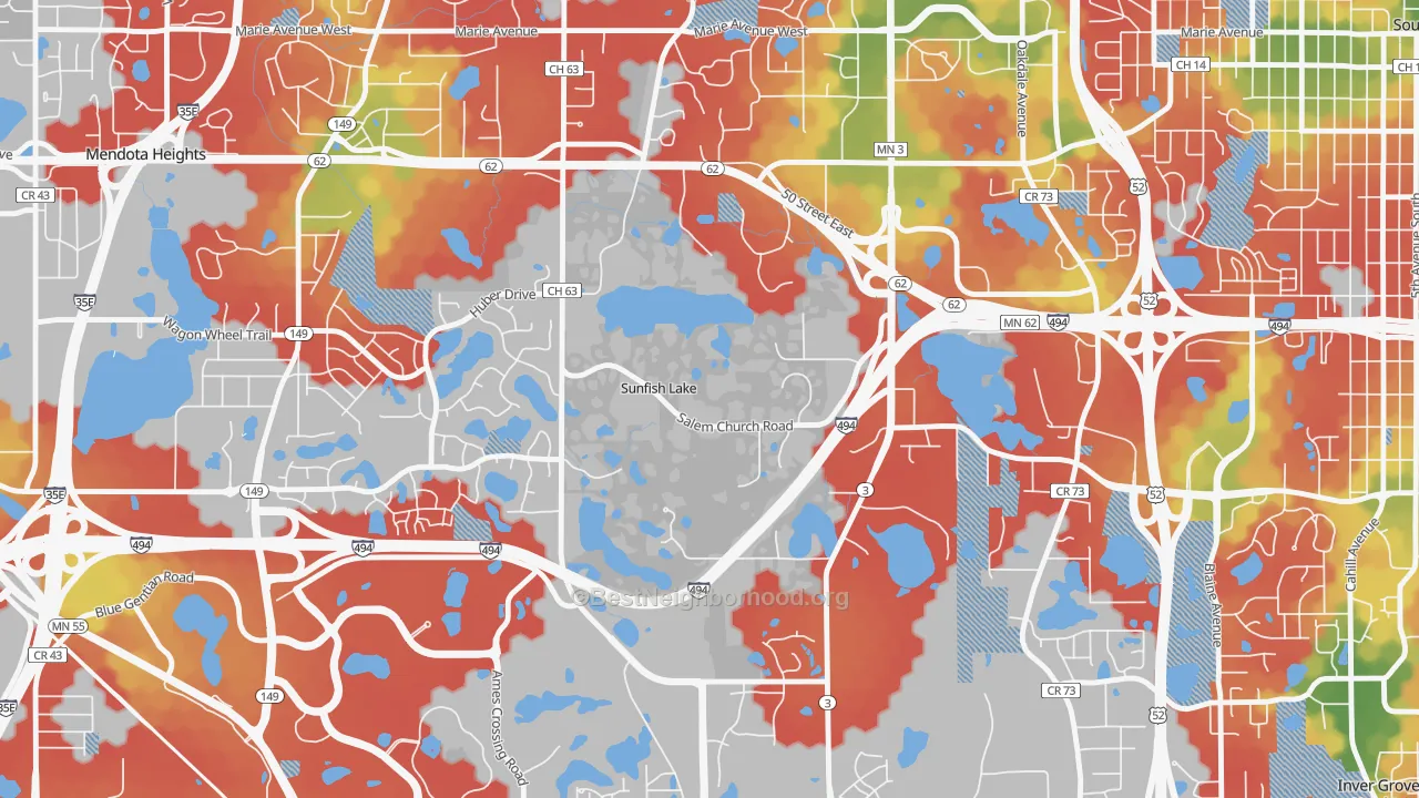 Walk Grade map of Sunfish Lake, MN, walkable areas in green and car-dependent areas in red