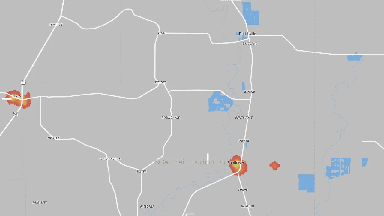 Walk Grade map of Sunflower County, MS, walkable areas in green and car-dependent areas in red