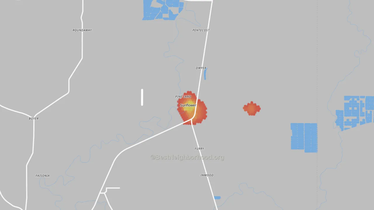Walk Grade map of Sunflower, MS, walkable areas in green and car-dependent areas in red