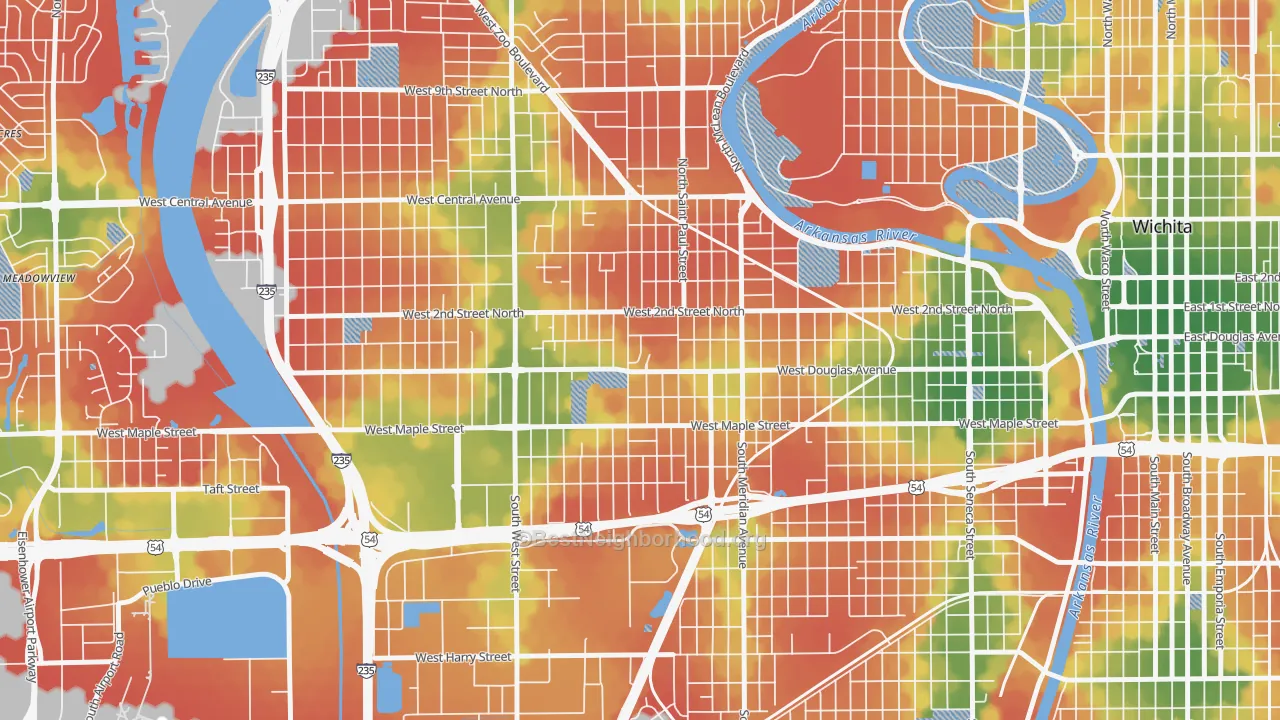Walk Grade map of Sunflower, Wichita, KS, walkable areas in green and car-dependent areas in red