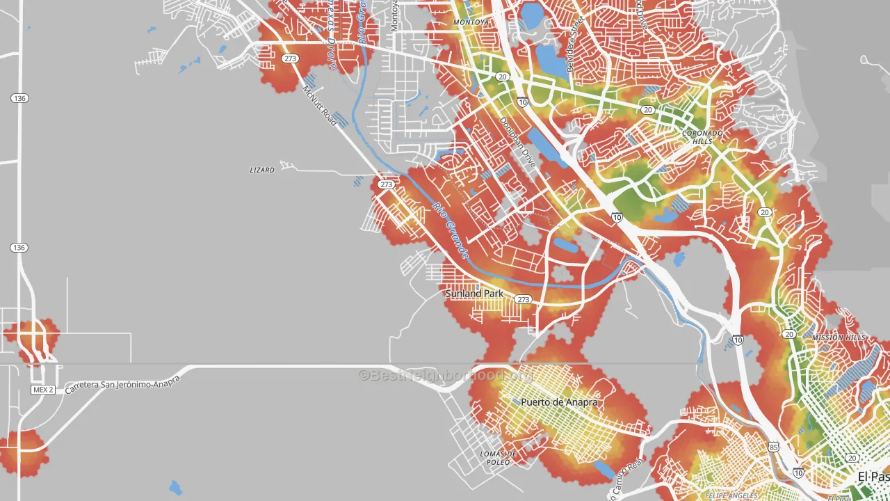 Walk Grade map of Sunland Park, NM, walkable areas in green and car-dependent areas in red