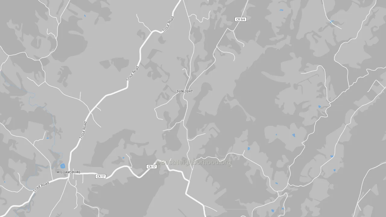 Walk Grade map of Sunlight, WV, walkable areas in green and car-dependent areas in red
