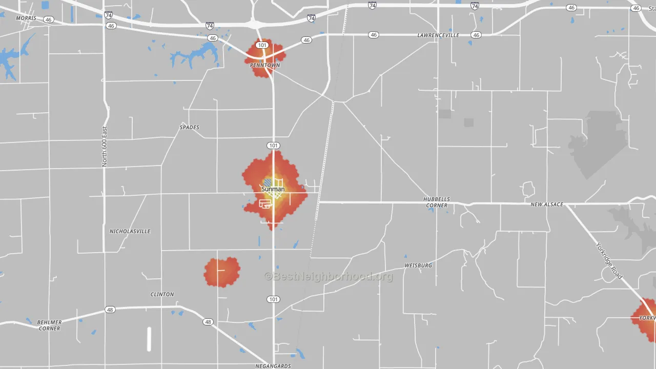Walk Grade map of Sunman, IN, walkable areas in green and car-dependent areas in red