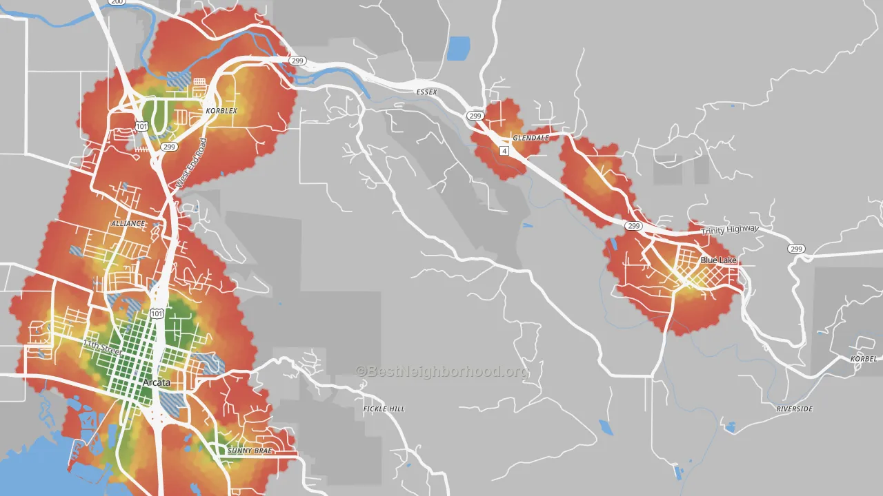 Walk Grade map of Sunny Brae, CA, walkable areas in green and car-dependent areas in red