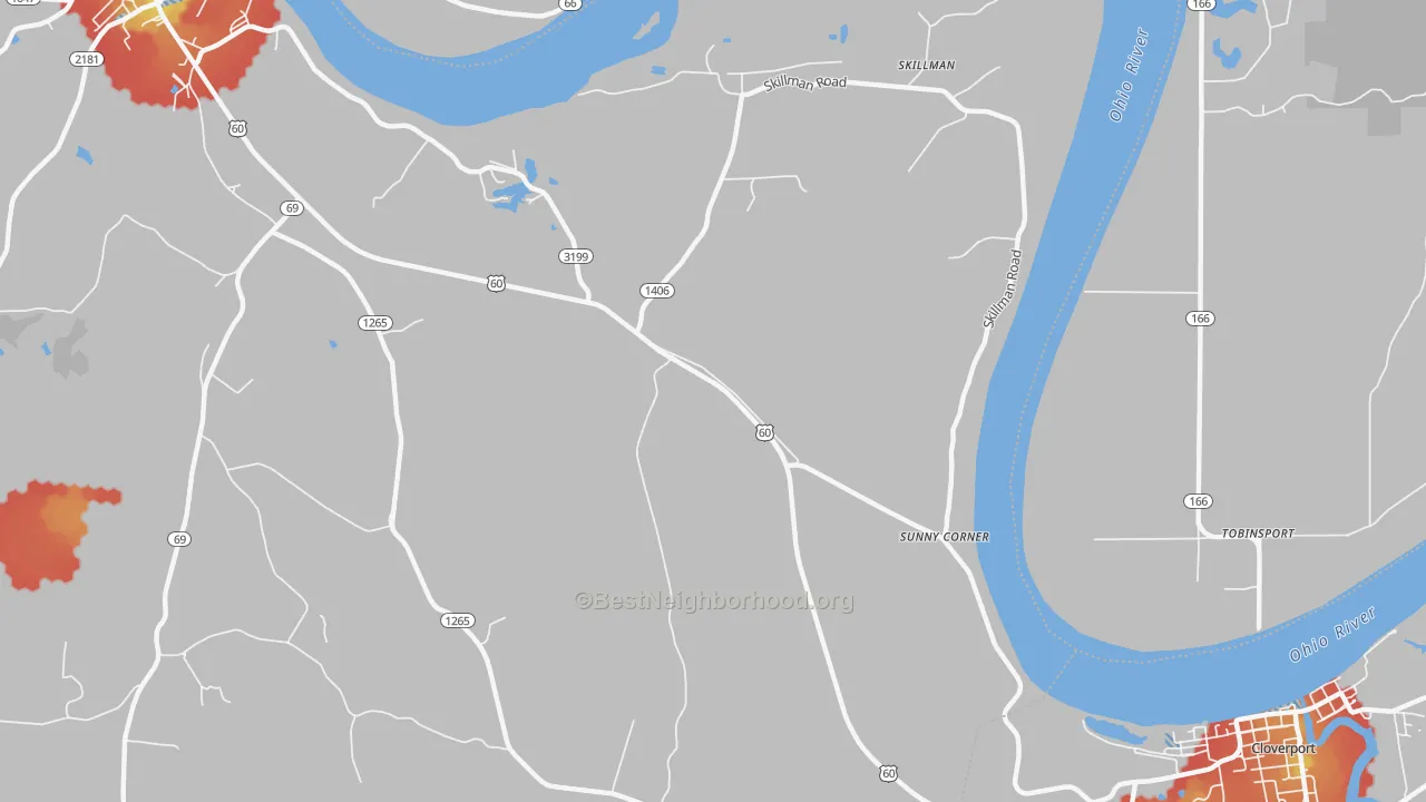 Walk Grade map of Sunny Corner, KY, walkable areas in green and car-dependent areas in red