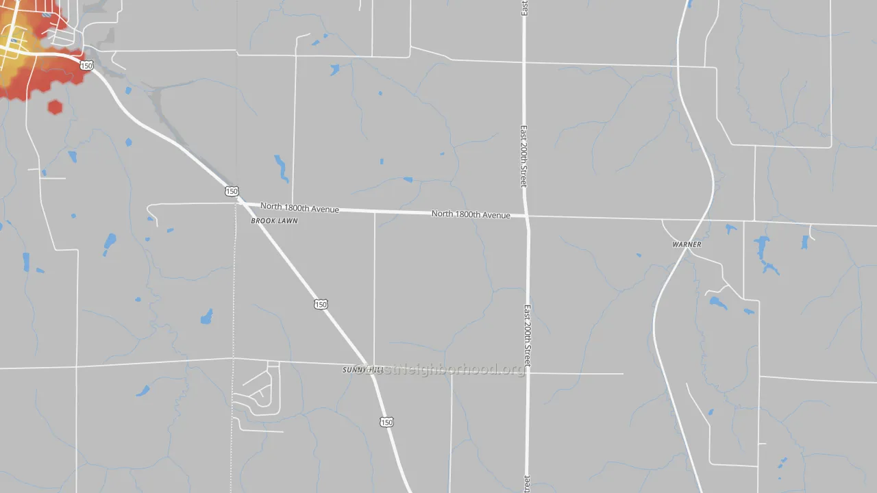Walk Grade map of Sunny Hill, IL, walkable areas in green and car-dependent areas in red