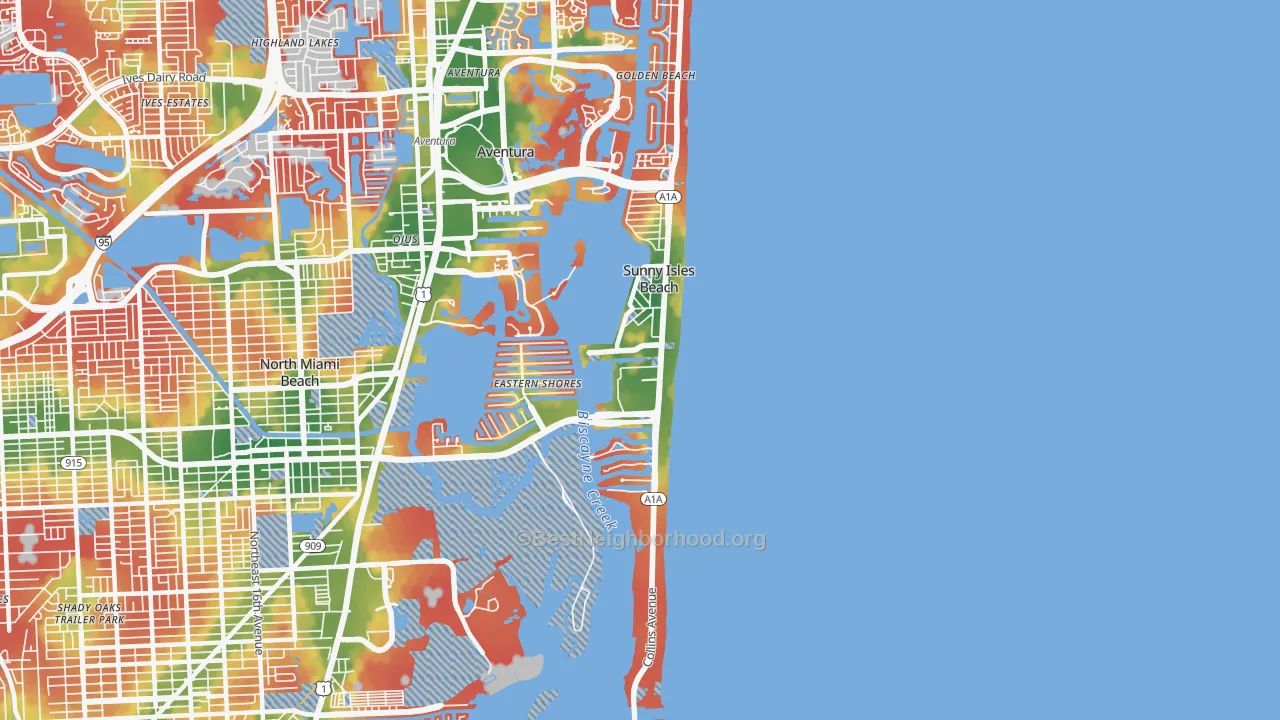 Walk Grade map of Sunny Isles Beach, FL, walkable areas in green and car-dependent areas in red