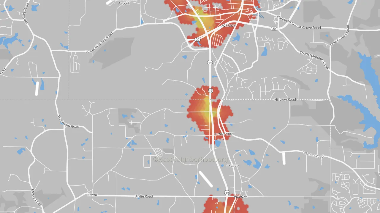 Walk Grade map of Sunny Side, GA, walkable areas in green and car-dependent areas in red