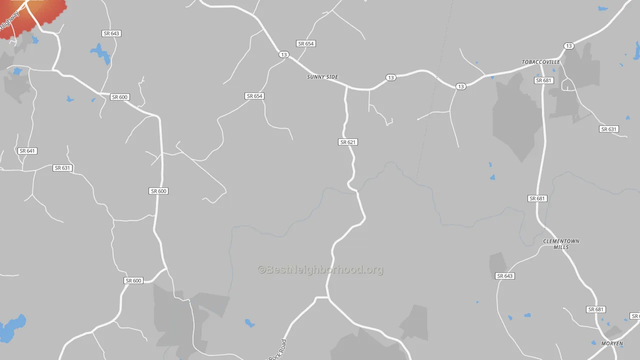 Walk Grade map of Sunny Side, VA, walkable areas in green and car-dependent areas in red