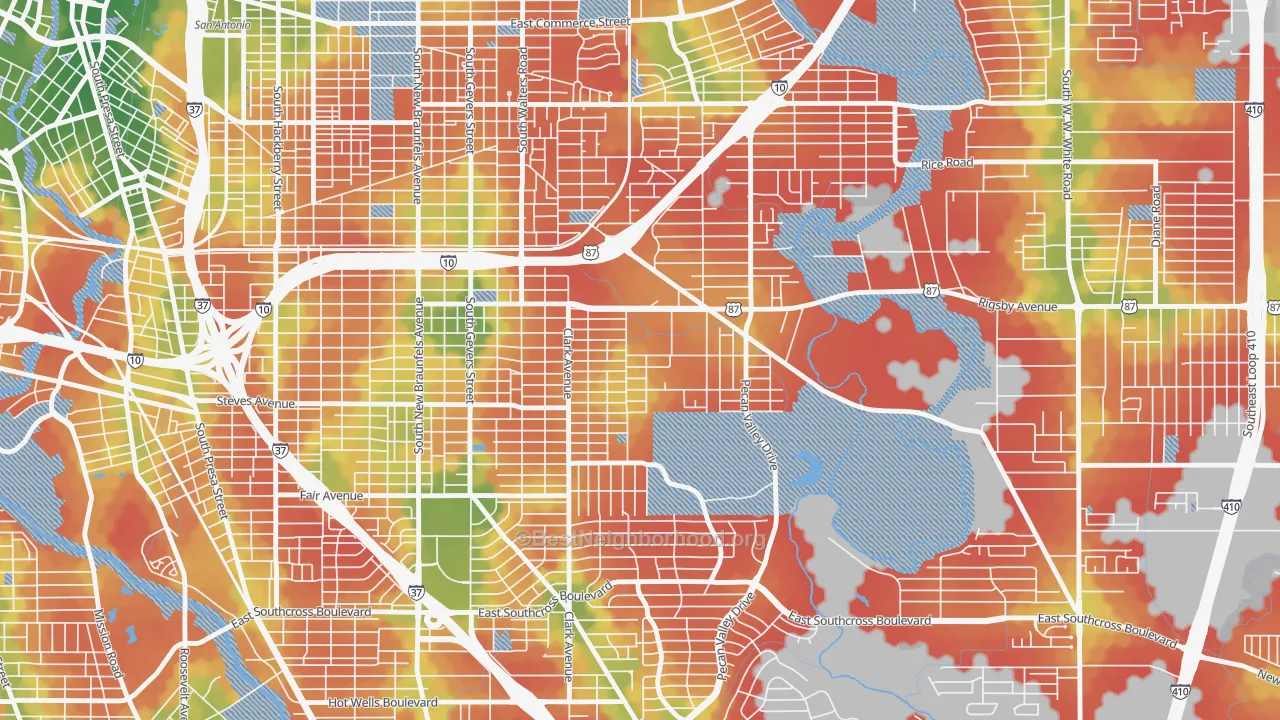 Walk Grade map of Sunny Slope, San Antonio, TX, walkable areas in green and car-dependent areas in red