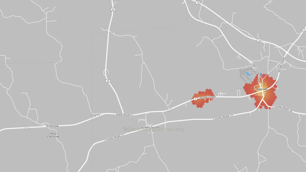 Walk Grade map of Sunny South, AL, walkable areas in green and car-dependent areas in red