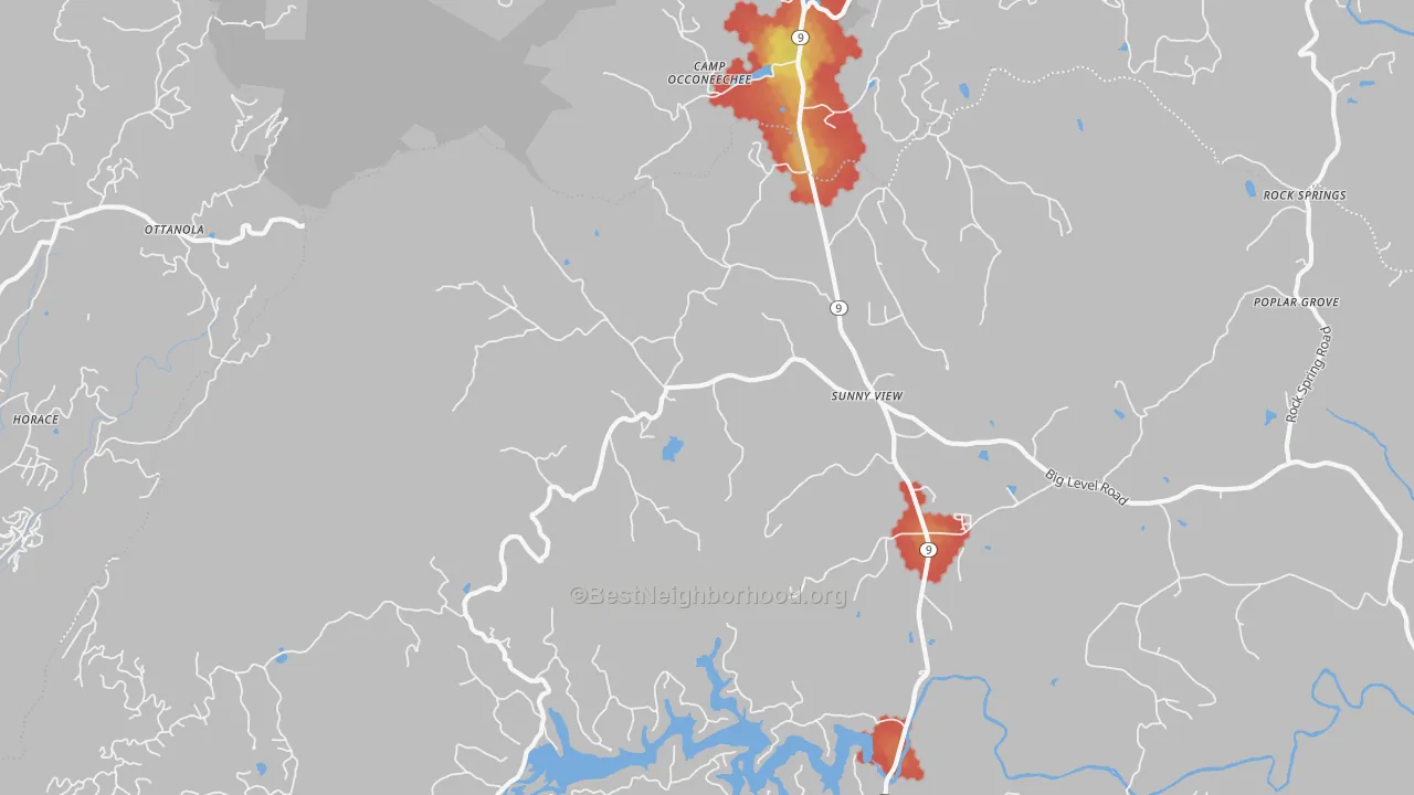 Walk Grade map of Sunny View, NC, walkable areas in green and car-dependent areas in red