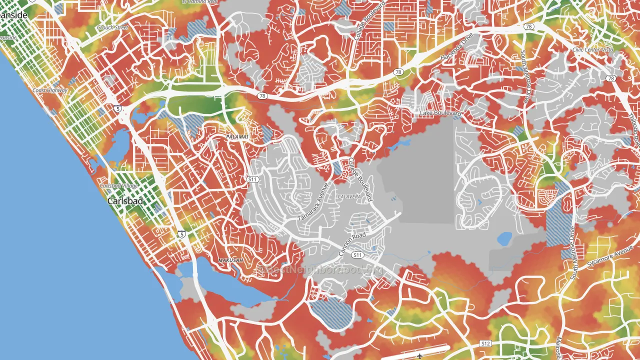 Walk Grade map of Sunny Vista, CA, walkable areas in green and car-dependent areas in red