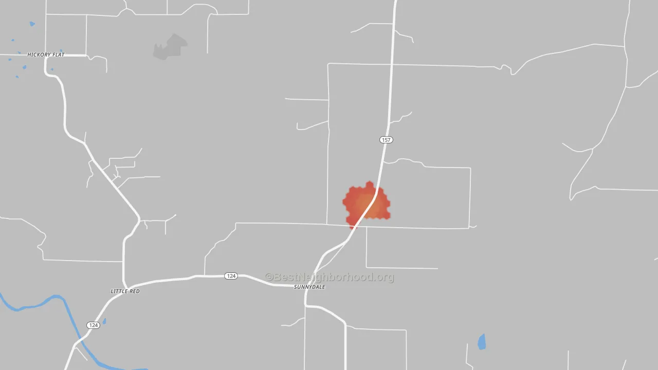 Walk Grade map of Sunnydale, AR, walkable areas in green and car-dependent areas in red