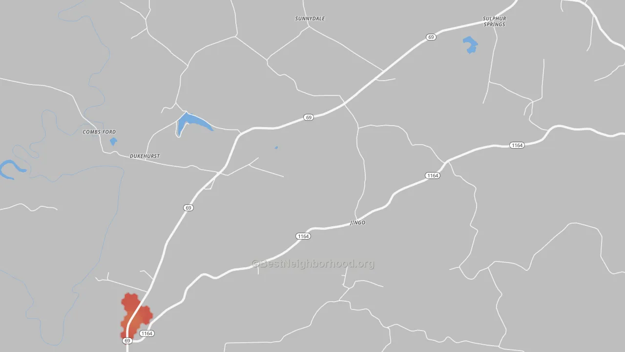 Walk Grade map of Sunnydale, KY, walkable areas in green and car-dependent areas in red