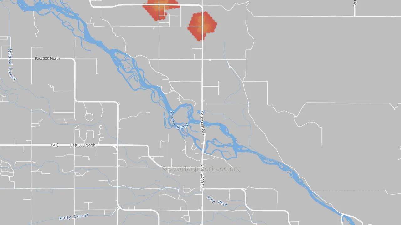 Walk Grade map of Sunnydell, ID, walkable areas in green and car-dependent areas in red