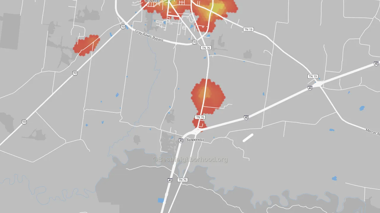 Walk Grade map of Sunnyhill, TN, walkable areas in green and car-dependent areas in red