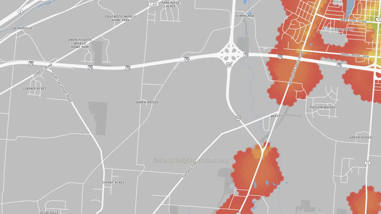 Walk Grade map of Sunnyland, OH, walkable areas in green and car-dependent areas in red