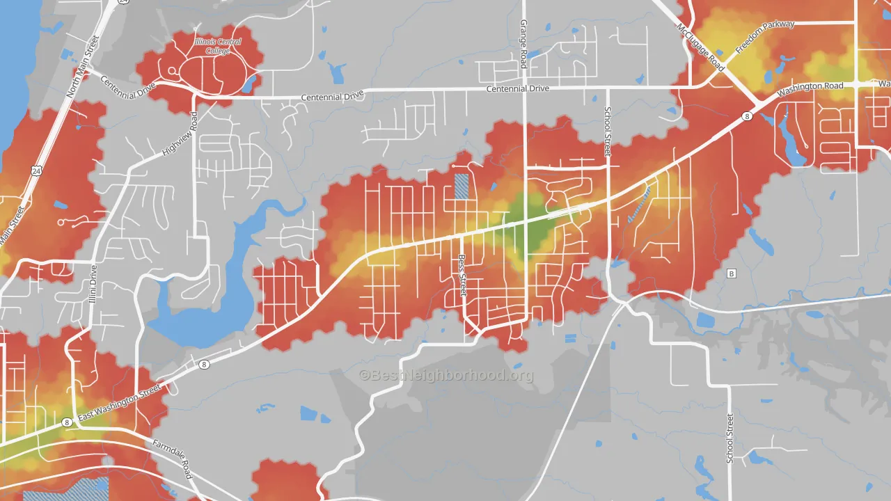 Walk Grade map of Sunnyland, Washington, IL, walkable areas in green and car-dependent areas in red