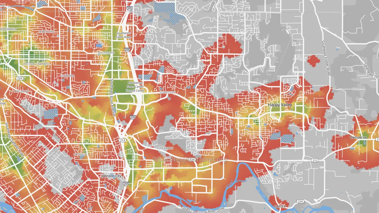 Walk Grade map of Sunnyside, Clackamas, OR, walkable areas in green and car-dependent areas in red