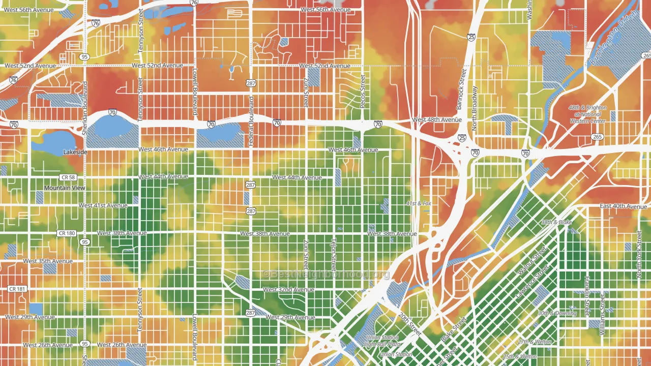 Walk Grade map of Sunnyside, Denver, CO, walkable areas in green and car-dependent areas in red