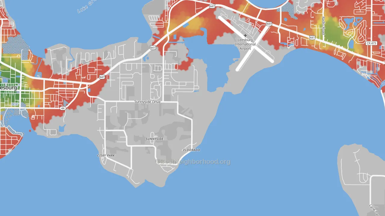 Walk Grade map of Sunnyside, FL, walkable areas in green and car-dependent areas in red