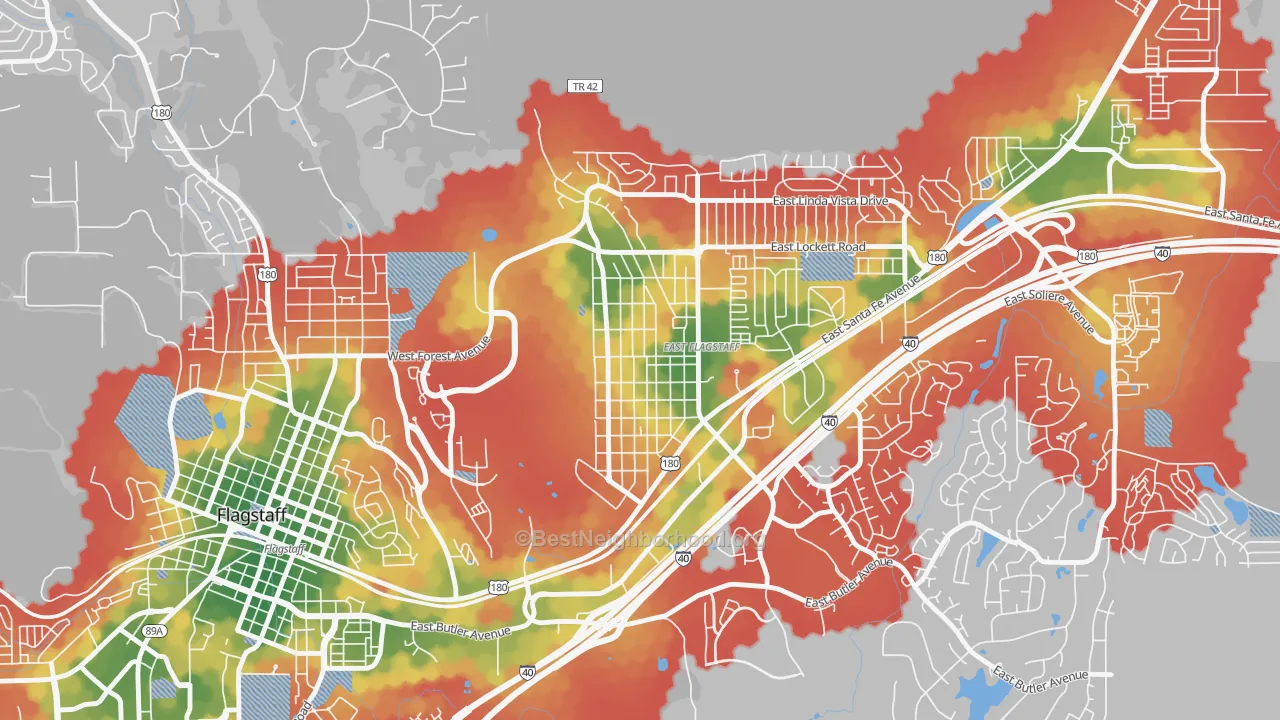 Walk Grade map of Sunnyside-Flagstaff, Flagstaff, AZ, walkable areas in green and car-dependent areas in red