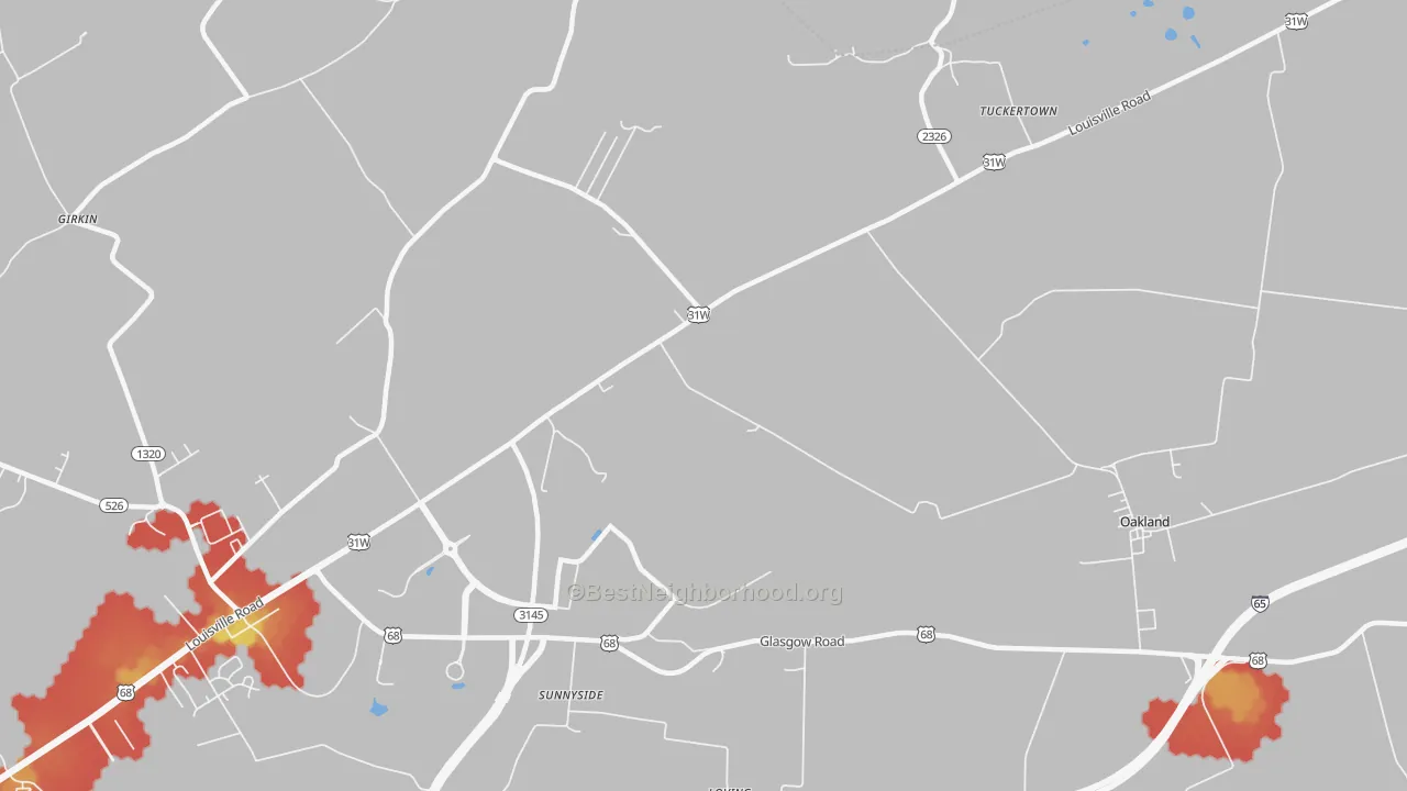 Walk Grade map of Sunnyside, KY, walkable areas in green and car-dependent areas in red