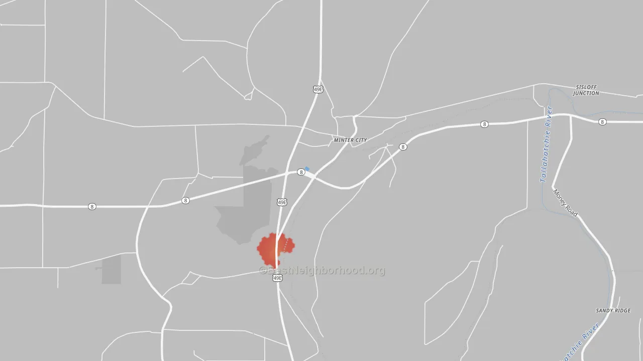 Walk Grade map of Sunnyside, MS, walkable areas in green and car-dependent areas in red