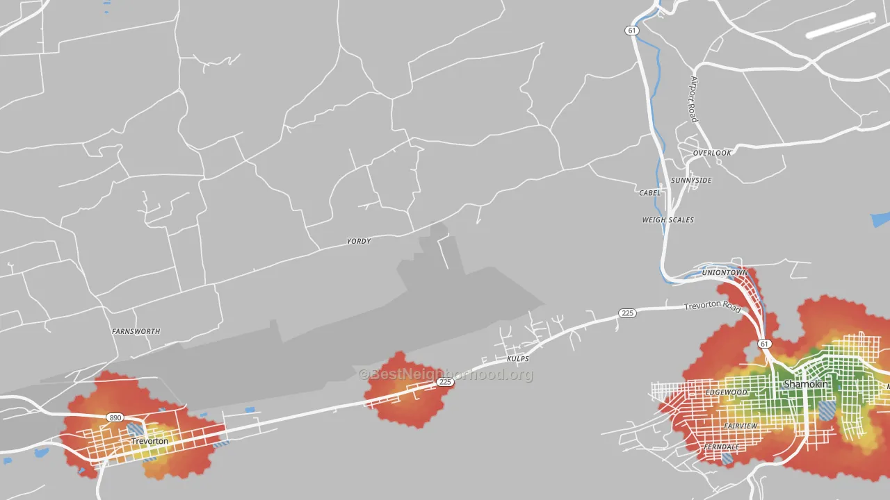 Walk Grade map of Sunnyside, PA, walkable areas in green and car-dependent areas in red