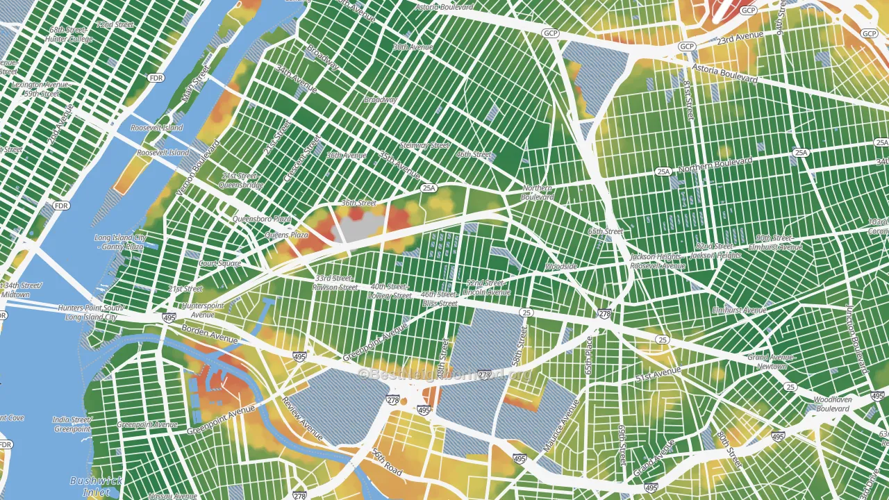Walk Grade map of Sunnyside, Queens, NY, walkable areas in green and car-dependent areas in red