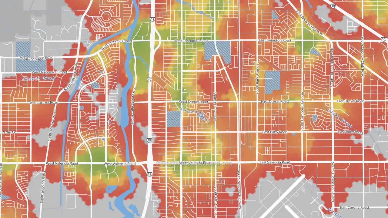 Walk Grade map of Sunnyside, Tucson, AZ, walkable areas in green and car-dependent areas in red