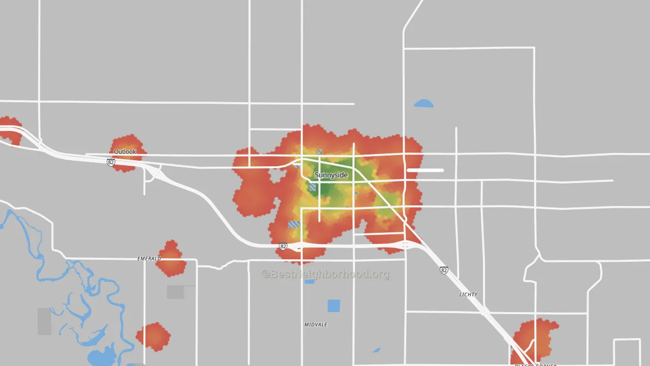 Walk Grade map of Sunnyside, WA, walkable areas in green and car-dependent areas in red