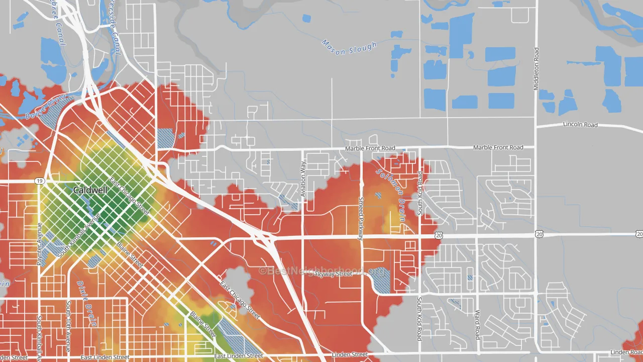Walk Grade map of Sunnyslope, ID, walkable areas in green and car-dependent areas in red