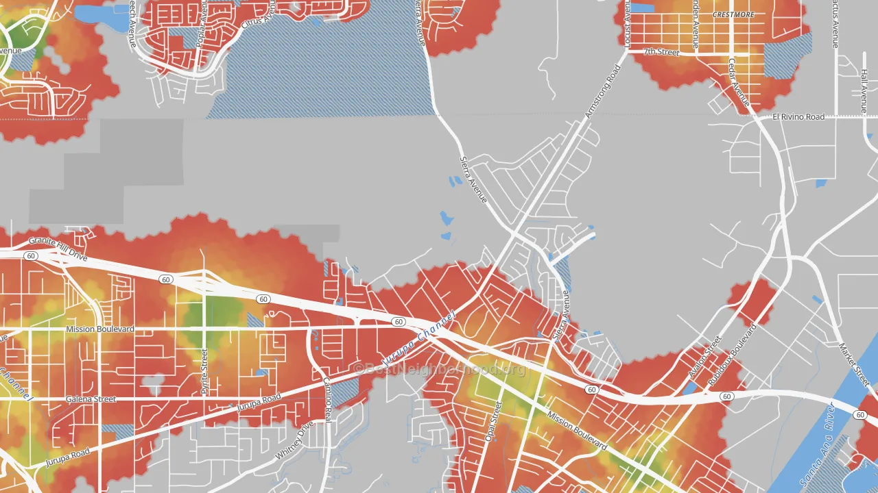 Walk Grade map of Sunnyslope, Riverside, CA, walkable areas in green and car-dependent areas in red