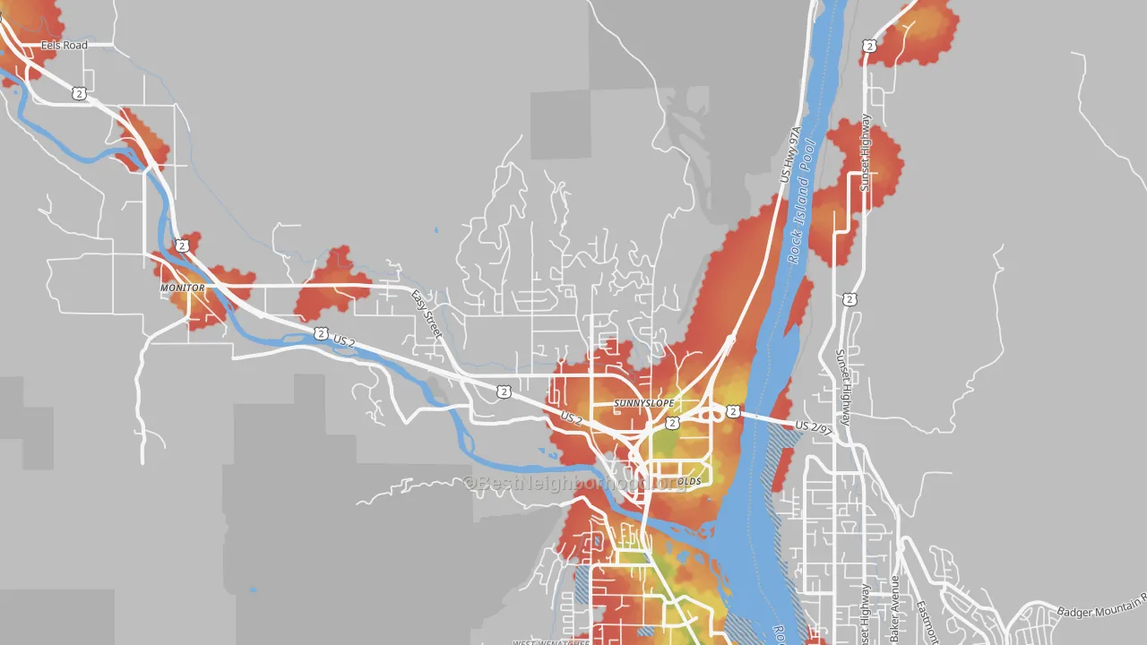 Walk Grade map of Sunnyslope, WA, walkable areas in green and car-dependent areas in red