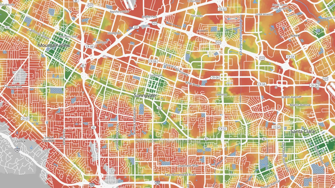 Walk Grade map of Sunnyvale, CA, walkable areas in green and car-dependent areas in red