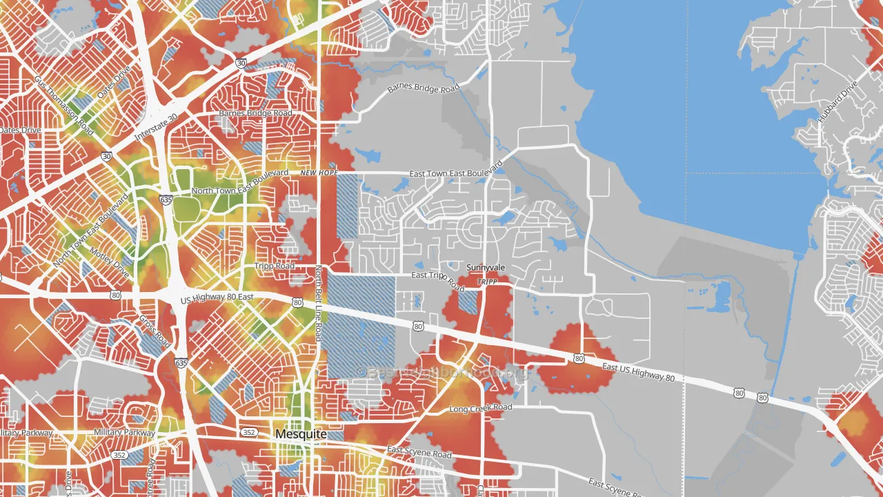 Walk Grade map of Sunnyvale, TX, walkable areas in green and car-dependent areas in red