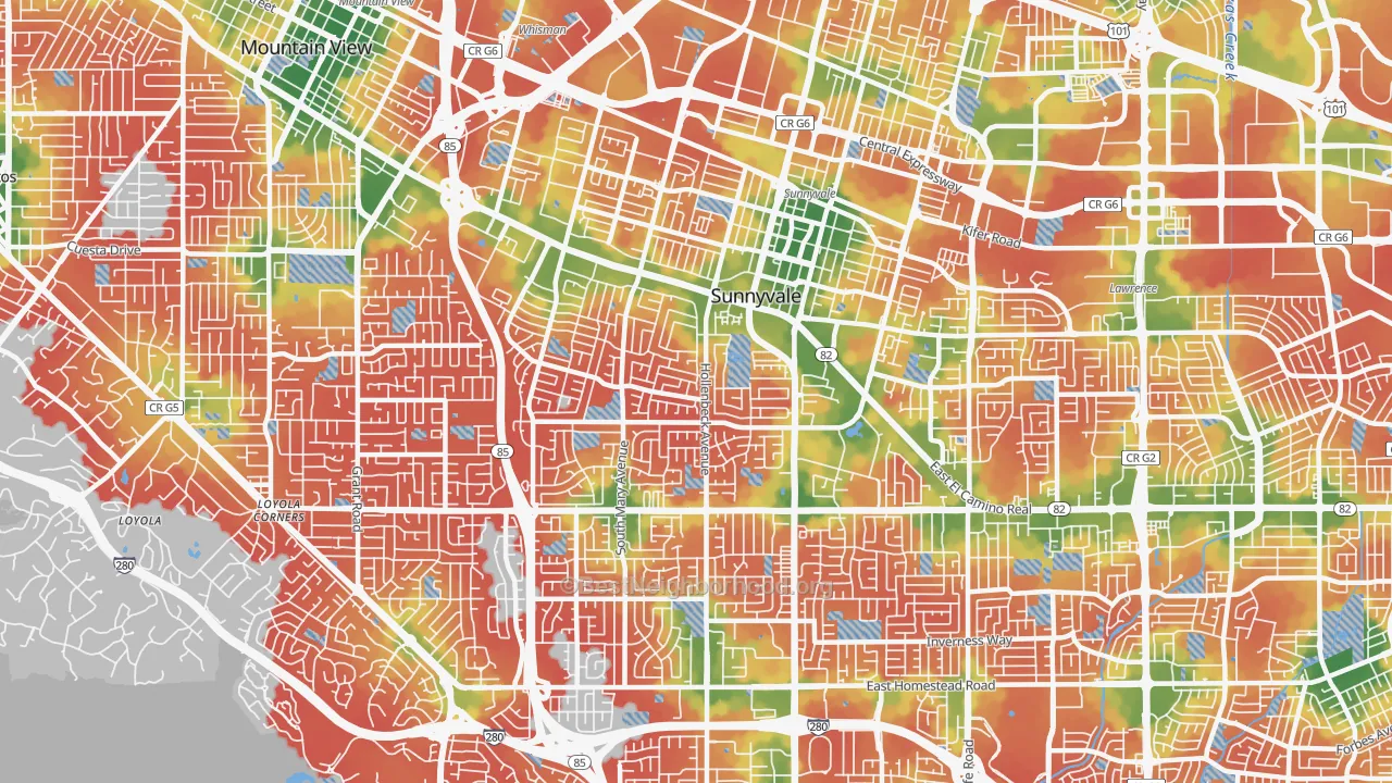 Walk Grade map of Sunnyvale West, Sunnyvale, CA, walkable areas in green and car-dependent areas in red