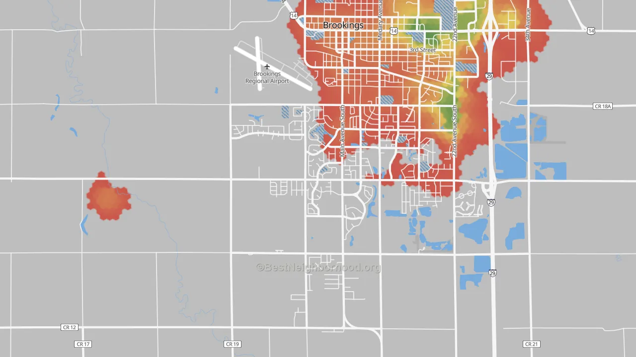 Walk Grade map of Sunnyview, SD, walkable areas in green and car-dependent areas in red